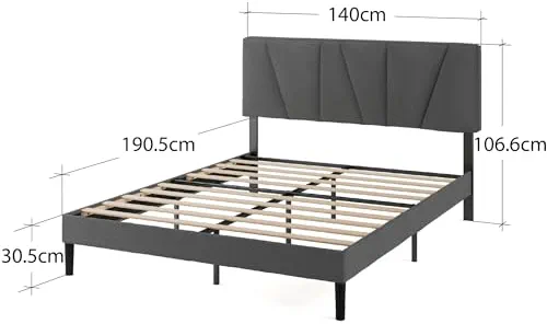 Zinus Maya Sommier 140x190 cm avec Lattes en Bois - Hauteur 30 cm - Cadre & Tête de Lit 2 Personnes Tapissier - Montage Facile - Gris Foncé