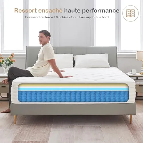 Hiepunos Matelas 160x200 cm, Épaisseur 26cm, Matelas Hybride, Matelas à Ressorts Ensachés et à Mémoire de Forme, H3 Moyenne Ferme, 7 Zones de Confort, Respirant, Soutien Parfait
