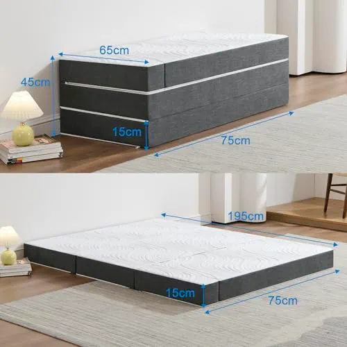 Twirest Matelas pliant 4 pièces, 75 x 195 x 15 cm, matelas d'invité avec housse lavable, cube disque, pliable et respirant – Matelas pliant pour adultes, lit d'invité, voyage, camping, 15 cm
