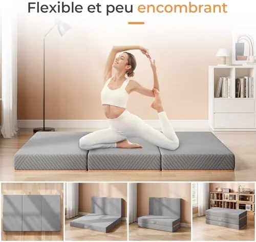 Vesgantti Matelas Pliable 140x190x15cm, Matelas d'Appoint Pliant en Mousse à Mémoire de Forme en Gel, Amovible et Lavable, Idéal pour Voyages, Camping, Lit d'appoint, Oeko-Tex - Gris