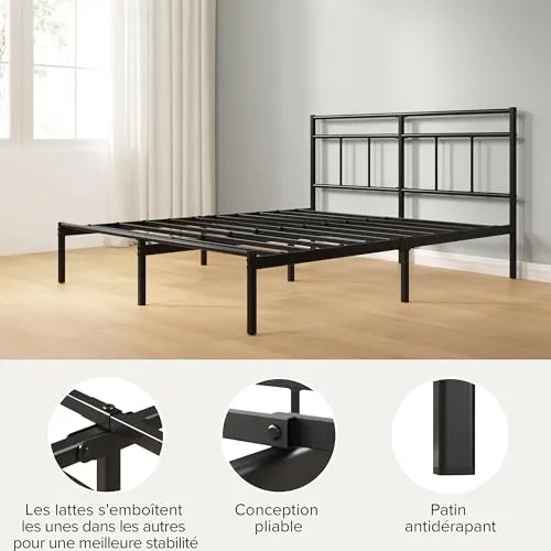 Zinus Elias 140x190 cm - Cadre de lit en métal avec tête de lit - Montage Facile - Hauteur 30 cm - Lit avec Support de Lattes en métal - Espace de Rangement sous Le lit - Design Moderne - Noir
