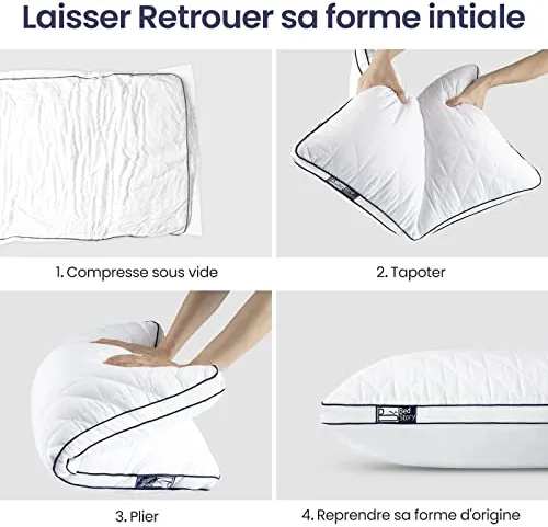BedStory Oreiller 60x60 Lot de 2, Anti-Acariens à Faible Garnissage Microfibre Hypoallergénique, Qualité Hôtel Moelleux et Respirant, Convient Allongées sur Le Côté Dos Blanc