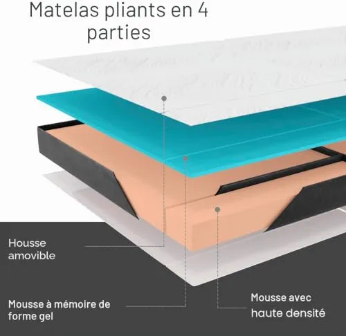 Twirest Matelas pliant 4 pièces, 90 x 200 x 15 cm - Matelas d'invité avec housse lavable - Cube disque intervertébral pliable et respirant - Matelas pliable pour adultes, lit d'invité, voyage, camping