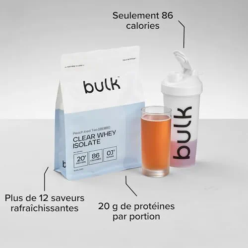 Bulk Clear Whey Isolate Moins Sucré | Thé Glacé Pêche | 20g de Protéines par Portion | Faible en Sucre | Saveur Fruitée | 86 Calories | Absorption Rapide | Boisson Protéinée | 500g