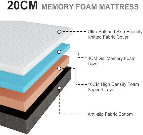 Twirest Matelas double de 20 cm avec mousse à mémoire de forme et anti-acariens, respirant, housse amovible sculptée, matelas dans une boîte, soutien des bords pour soutenir le sommeil (135 x 190 x 20