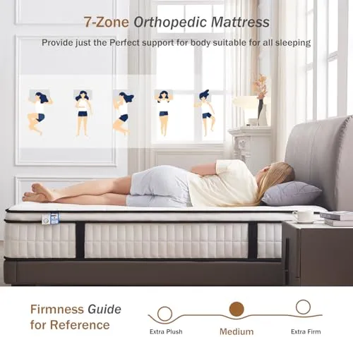 Hiepunos Matelas double de 12 cm, ressorts ensachés 9 zones, fermeté moyenne, sommeil confortable pour soulager les douleurs dorsales et les dormeurs lourds (135 x 190 x 30 cm)
