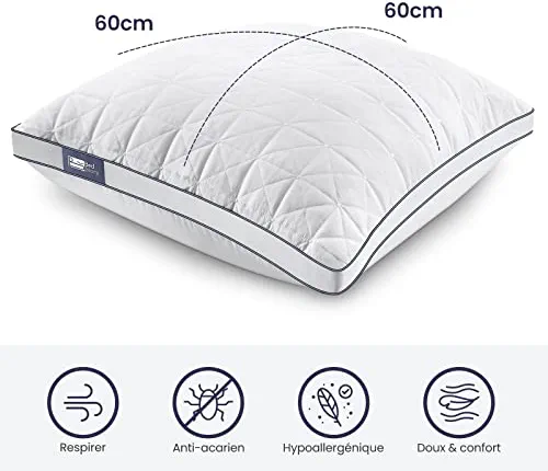 BedStory Oreiller 60x60 Lot de 2, Anti-Acariens à Faible Garnissage Microfibre Hypoallergénique, Qualité Hôtel Moelleux et Respirant, Convient Allongées sur Le Côté Dos Blanc