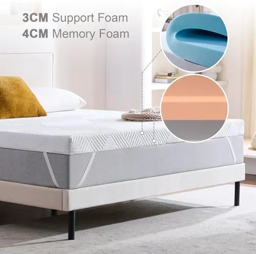Twirest Surmatelas double en mousse à mémoire de forme de 7 cm, surmatelas en gel, housse en tissu respirant et amovible, blanc (135 x 190 x 7 cm)