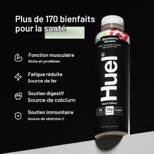 Huel Black Edition Prêt-à-boire, 8 bouteilles de 500 ml, Shakes protéinés, saveur fraise et banane, boisson riche en protéines, 35 g de protéines par bouteille, riche en vitamine D, acides gras