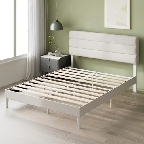 Zinus Maya Sommier 140x190 cm avec Lattes en Bois - Hauteur 30 cm - Cadre & Tête de Lit 2 Personnes Tapissier - Montage Facile - Gris Foncé