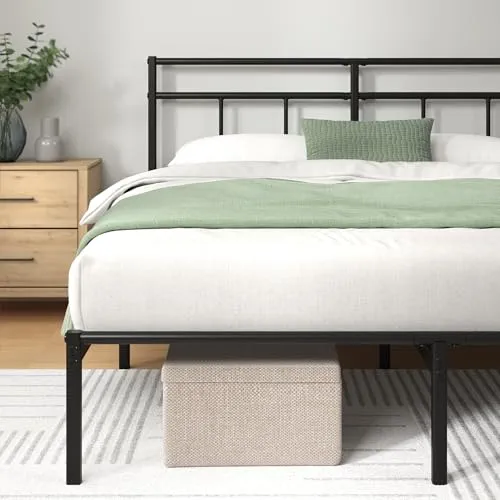 Zinus Elias 140x190 cm - Cadre de lit en métal avec tête de lit - Montage Facile - Hauteur 30 cm - Lit avec Support de Lattes en métal - Espace de Rangement sous Le lit - Design Moderne - Noir