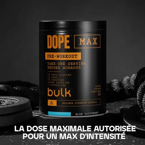 Bulk Dope Max Poudre Pré-Entraînement | 563 g | 25 portions | Haute Teneur en Caféine 200mg | 5g Bêta-Alanine | 3g Créatine | Mélange AAKG & Citrulline | Vitamine B6 | Blue Raspberry
