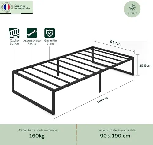 Zinus Lorelai Sommier métallique | 90 x 190 cm | 36 cm de Haut | Support de Lattes en Acier | Espace de Rangement sous Le lit | pour Adultes, Enfants, Adolescents | Assemblage Facile | Noir