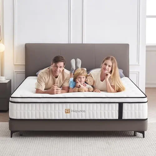Hiepunos Matelas 180x200 cm, Épaisseur 26cm, Hybride Matelas en Mousse à mémoire de Forme à Ressorts ensachés Indépendants, 7 Zones de Confort, H3 H4 Moyenne Ferme, Durable, Soutien Parfait 26 cm 135x190x26