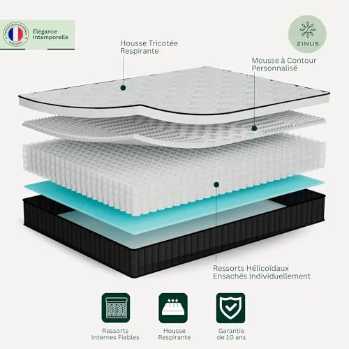 Zinus Matelas 90x190 cm Memoire de Forme Tight Top - Épaisseur 25 cm - Ressorts Ensachés & Mousse Haute Densité - Certification Oeko-TEX - Soutien Ergonomique - Fabriqué Selon Les Normes Françaises