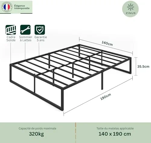 Zinus Lorelai Sommier métallique | 90 x 190 cm | 36 cm de Haut | Support de Lattes en Acier | Espace de Rangement sous Le lit | pour Adultes, Enfants, Adolescents | Assemblage Facile | Noir