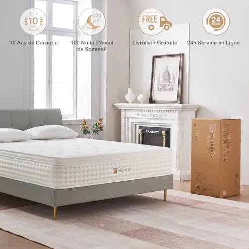 Hiepunos Matelas 160x200 cm, Épaisseur 26cm, Matelas Hybride, Matelas à Ressorts Ensachés et à Mémoire de Forme, H3 Moyenne Ferme, 7 Zones de Confort, Respirant, Soutien Parfait
