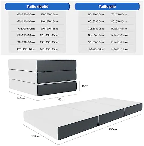 Vesgantti Matelas Pliable 140x190x15cm, Matelas d'Appoint en Mousse à Mémoire de Forme en Gel, Amovible et Lavable avec Sac de Transport, Idéal pour Voyages, Camping, Lit d'appoint, Oeko Tex - Blanc
