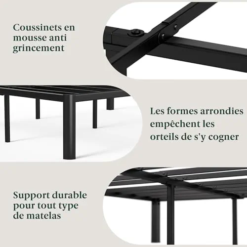 Zinus Van Sommier 140x190 cm avec Lattes en Métal - Cadre de Lit 2 Personnes en Acier Robuste - Hauteur 41 cm pour Rangement - Montage Facile - Noir