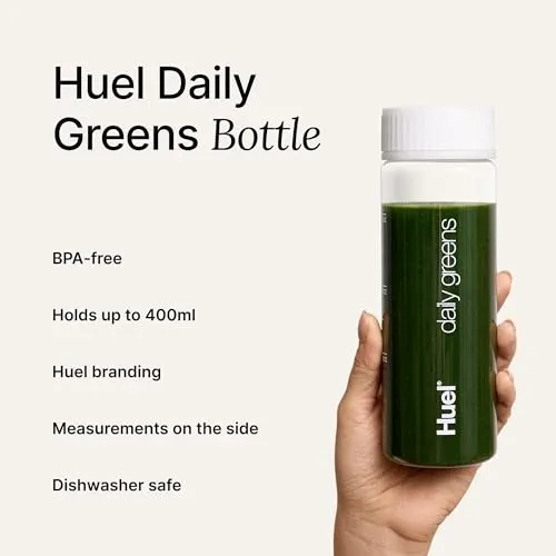 Huel Bouteille Daily Greens | Sans BPA | Transparente avec un couvercle blanc | Guide de ligne de remplissage pour des mesures parfaites | Passe au lave-vaisselle | 382,7 g