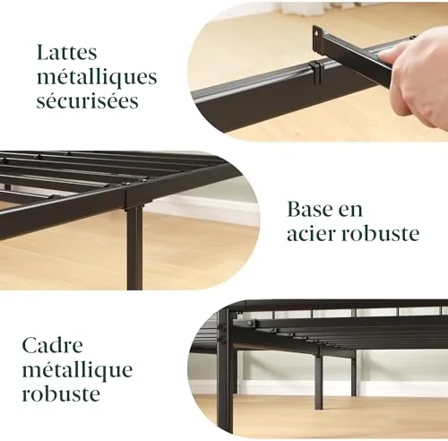 Zinus Elias 140x190 cm - Cadre de lit en métal avec tête de lit - Montage Facile - Hauteur 30 cm - Lit avec Support de Lattes en métal - Espace de Rangement sous Le lit - Design Moderne - Noir