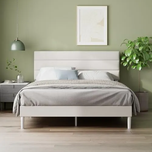 Zinus Maya Sommier 140x190 cm avec Lattes en Bois - Hauteur 30 cm - Cadre & Tête de Lit 2 Personnes Tapissier - Montage Facile - Gris Foncé