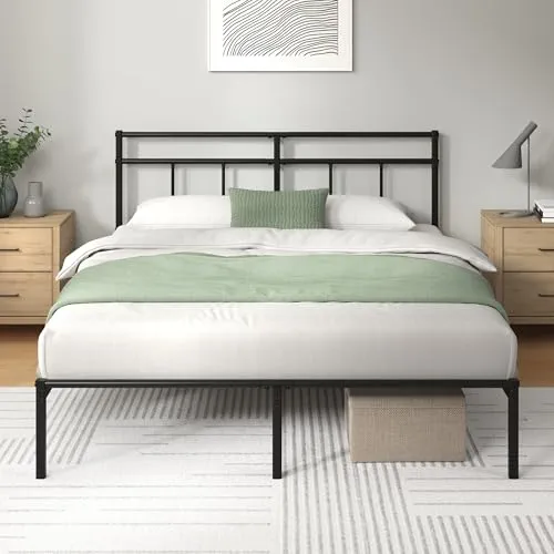 Zinus Elias 140x190 cm - Cadre de lit en métal avec tête de lit - Montage Facile - Hauteur 30 cm - Lit avec Support de Lattes en métal - Espace de Rangement sous Le lit - Design Moderne - Noir