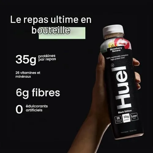 Huel Black Edition Prêt-à-boire, 8 bouteilles de 500 ml, Shakes protéinés, saveur fraise et banane, boisson riche en protéines, 35 g de protéines par bouteille, riche en vitamine D, acides gras