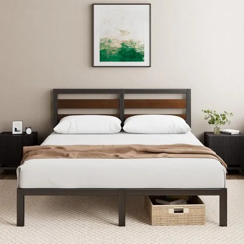 Zinus Kai Sommier 140x190 cm avec Lattes en Métal - Cadre & Tête de Lit 2 Personnes en Bambou & Acier Robuste - Hauteur 28 cm pour Rangement - Montage Facile - Noir & Marron
