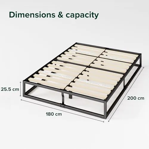 Zinus Joseph Sommier 180x200 cm avec Lattes en Bois - Cadre de Lit King Size en Métal - Hauteur 25 cm pour Rangement - Assemblage Facile - Noir