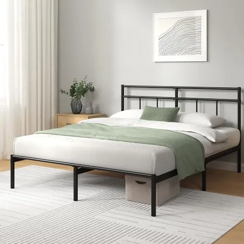 Zinus Elias 140x190 cm - Cadre de lit en métal avec tête de lit - Montage Facile - Hauteur 30 cm - Lit avec Support de Lattes en métal - Espace de Rangement sous Le lit - Design Moderne - Noir