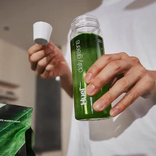 Huel Bouteille Daily Greens | Sans BPA | Transparente avec un couvercle blanc | Guide de ligne de remplissage pour des mesures parfaites | Passe au lave-vaisselle | 382,7 g