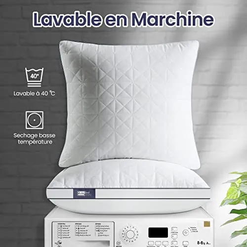 BedStory Oreiller 60x60 Lot de 2, Anti-Acariens à Faible Garnissage Microfibre Hypoallergénique, Qualité Hôtel Moelleux et Respirant, Convient Allongées sur Le Côté Dos Blanc
