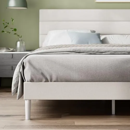 Zinus Maya Sommier 140x190 cm avec Lattes en Bois - Hauteur 30 cm - Cadre & Tête de Lit 2 Personnes Tapissier - Montage Facile - Gris Foncé