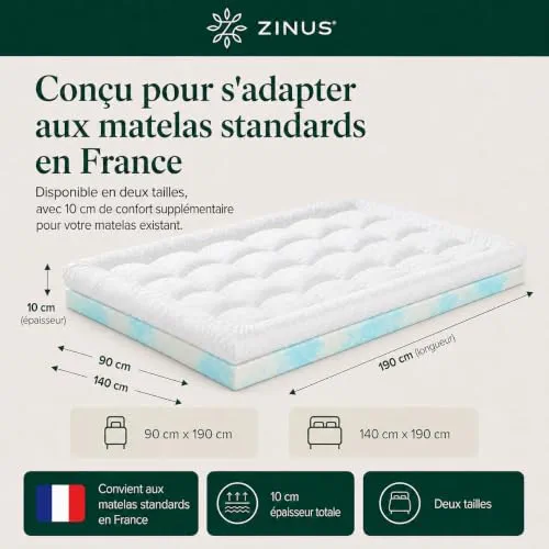 Zinus Surmatelas 140 x 190 cm, 10 cm, Mousse à mémoire de Forme au Gel
