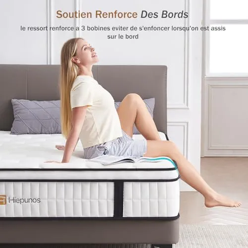 Hiepunos Matelas 180x200 cm, Épaisseur 26cm, Hybride Matelas en Mousse à mémoire de Forme à Ressorts ensachés Indépendants, 7 Zones de Confort, H3 H4 Moyenne Ferme, Durable, Soutien Parfait