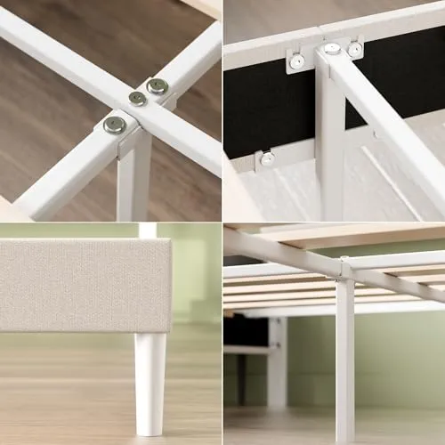 Zinus Maya Sommier 140x190 cm avec Lattes en Bois - Hauteur 30 cm - Cadre & Tête de Lit 2 Personnes Tapissier - Montage Facile - Gris Foncé