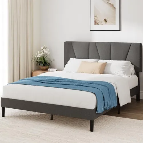 Zinus Maya Sommier 140x190 cm avec Lattes en Bois - Hauteur 30 cm - Cadre & Tête de Lit 2 Personnes Tapissier - Montage Facile - Gris Foncé