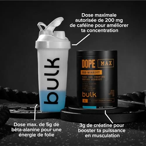 Bulk Dope Max Poudre Pré-Entraînement | 563 g | 25 portions | Haute Teneur en Caféine 200mg | 5g Bêta-Alanine | 3g Créatine | Mélange AAKG & Citrulline | Vitamine B6 | Blue Raspberry