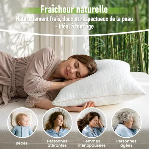 BedStory Oreiller 65x65CM - Lot de 2 - avec Fibres de Bambou - Qualité Luxe