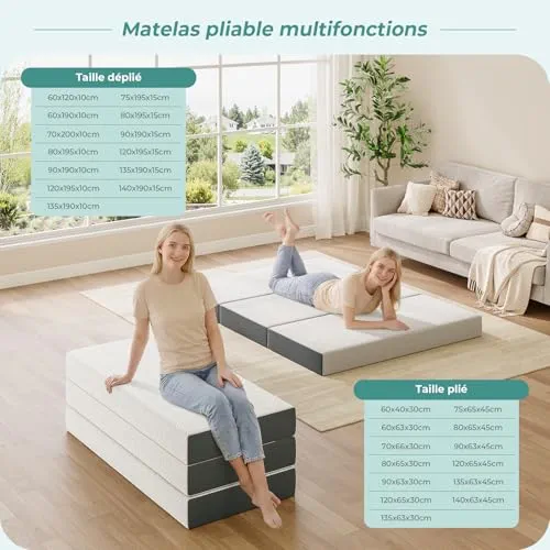 Vesgantti Matelas Pliable 140x190x15cm, Matelas d'Appoint en Mousse à Mémoire de Forme en Gel, Amovible et Lavable avec Sac de Transport, Idéal pour Voyages, Camping, Lit d'appoint, Oeko Tex - Blanc