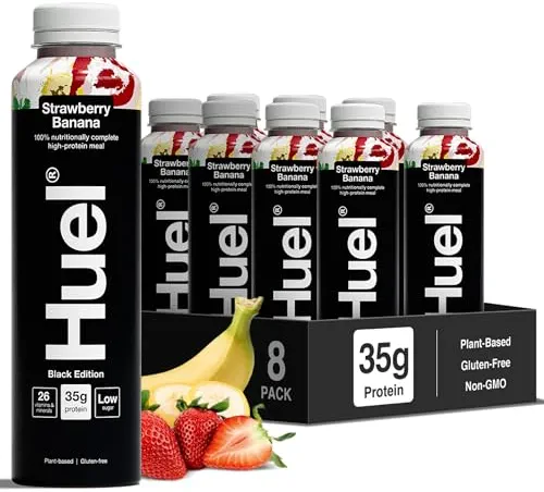 Huel Black Edition Prêt-à-boire, 8 bouteilles de 500 ml, Shakes protéinés, saveur fraise et banane, boisson riche en protéines, 35 g de protéines par bouteille, riche en vitamine D, acides gras