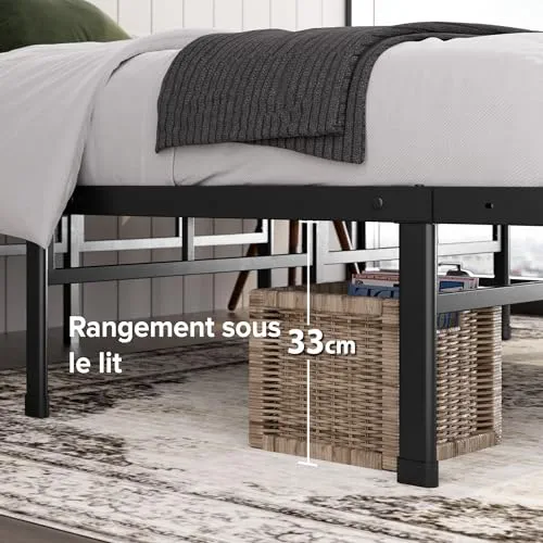 Zinus Justin Lit Double 140x190 cm avec Lattes en Métal - Cadre de Lit 2 Places en Acier Robuste - Rangement sous Le Lit - Montage Facile - Noir