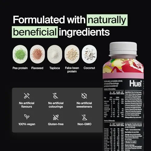 Huel Black Edition Prêt-à-boire, 8 bouteilles de 500 ml, Shakes protéinés, saveur fraise et banane, boisson riche en protéines, 35 g de protéines par bouteille, riche en vitamine D, acides gras