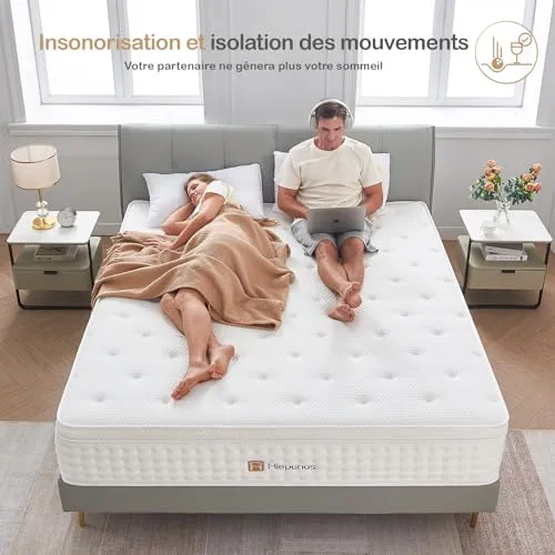 Hiepunos Matelas 160x200 cm, Épaisseur 26cm, Matelas Hybride, Matelas à Ressorts Ensachés et à Mémoire de Forme, H3 Moyenne Ferme, 7 Zones de Confort, Respirant, Soutien Parfait