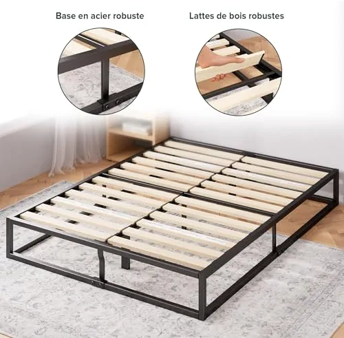 Zinus Joseph Sommier 180x200 cm avec Lattes en Bois - Cadre de Lit King Size en Métal - Hauteur 25 cm pour Rangement - Assemblage Facile - Noir