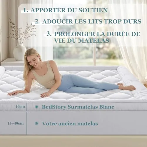 BedStory Surmatelas 140 x 190cm Blanc, 1000gsm surmatelas Ultra-Doux avec Poches Profondes, protège-Matelas Lavable en Machine, adapté aux Matelas jusqu'à 40 cm d'épaisseur