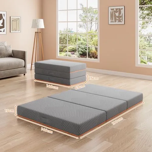 Vesgantti Matelas Pliable 140x190x15cm, Matelas d'Appoint Pliant en Mousse à Mémoire de Forme en Gel, Amovible et Lavable, Idéal pour Voyages, Camping, Lit d'appoint, Oeko-Tex - Gris
