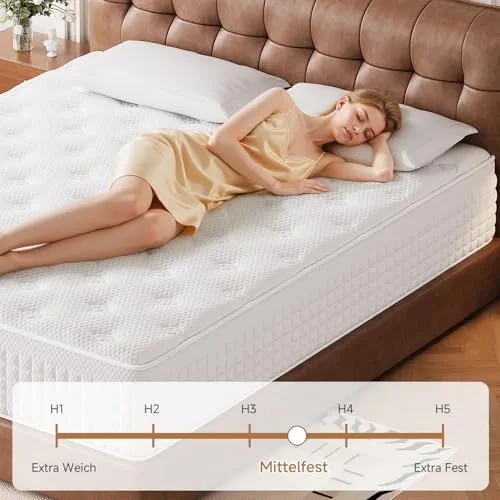 Hieptos Matelas 140x190 cm, Épaisseur 28cm, 9 Zones de Confort, Matelas à Ressorts Ensachés et à Mémoire de Forme, Hybride Matelas,H3 H4 Moyenne Ferme, Doux pour La Peau et Respirant,Soutien Parfait