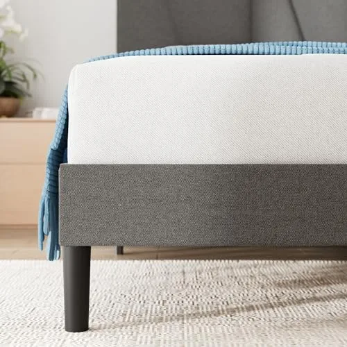 Zinus Maya Sommier 140x190 cm avec Lattes en Bois - Hauteur 30 cm - Cadre & Tête de Lit 2 Personnes Tapissier - Montage Facile - Gris Foncé
